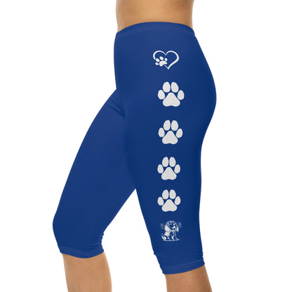 Beagle Hearts and Paw Prints Blue Capri Leggings (White Accent)