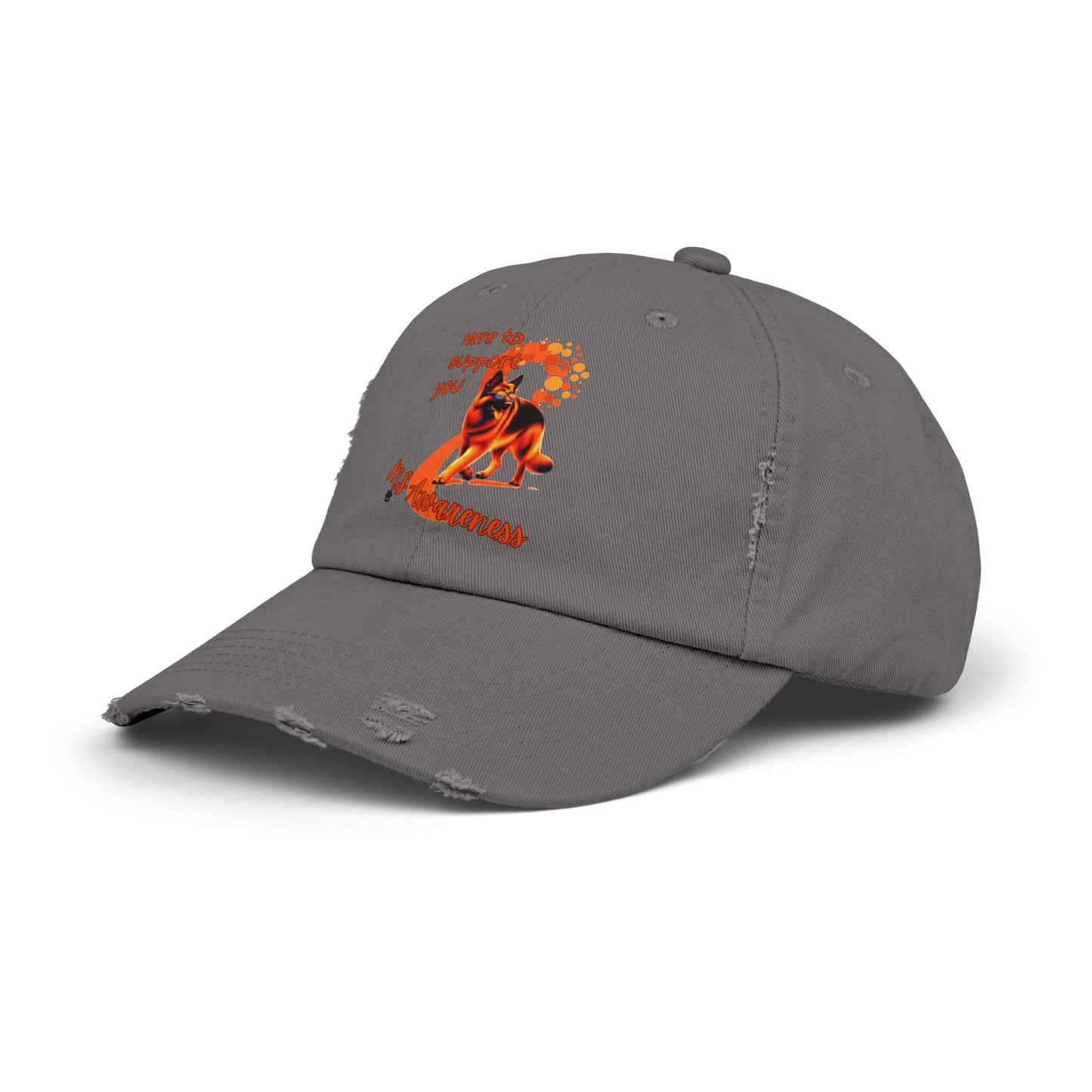 German Shepherd MS Awareness Distressed Cap - "Here to Support You" Mobility Service Dog Baseball Hat