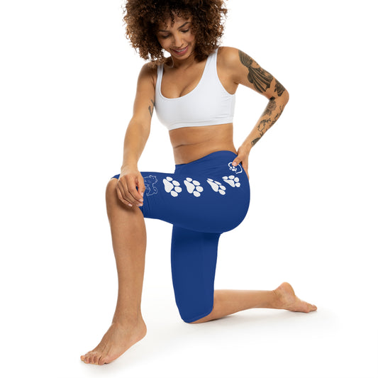 Paw Prints and Hearts Shiba Inu Capri Leggings Blue with White