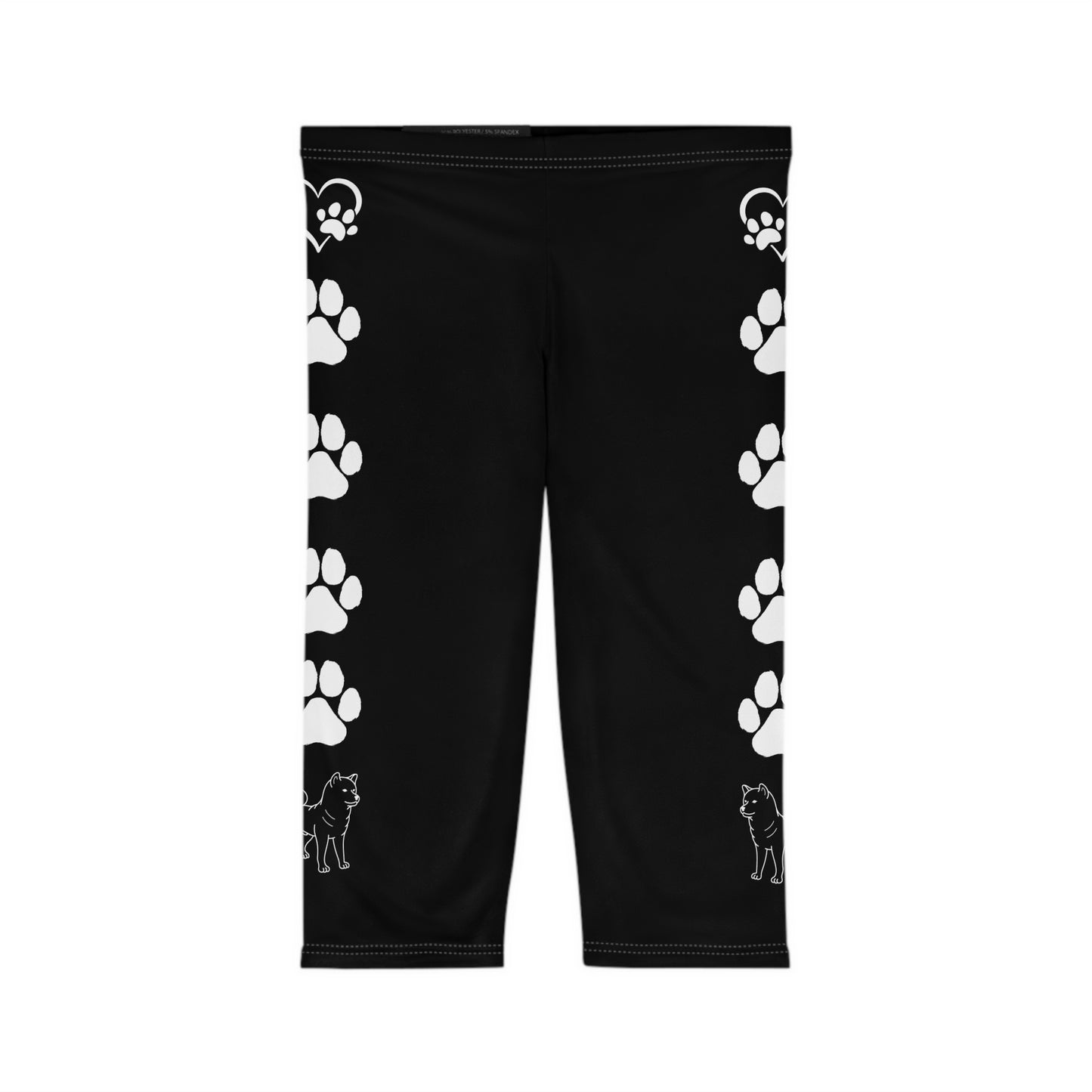 Paw Prints and Hearts Shiba Inu Capri Leggings Black with White