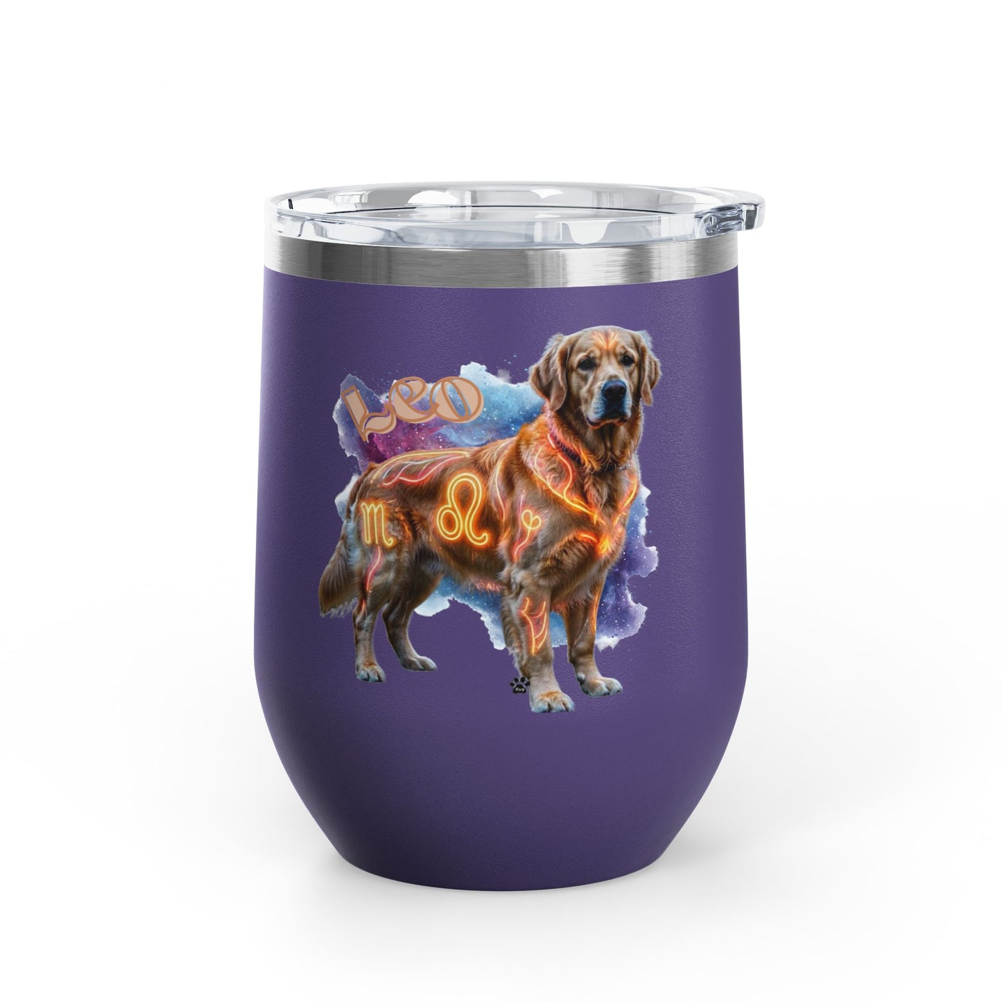 Leo Zodiac Golden Retriever Wine Tumbler – 12oz Insulated Stainless Steel Stemless Cup & Dog Lover Gift