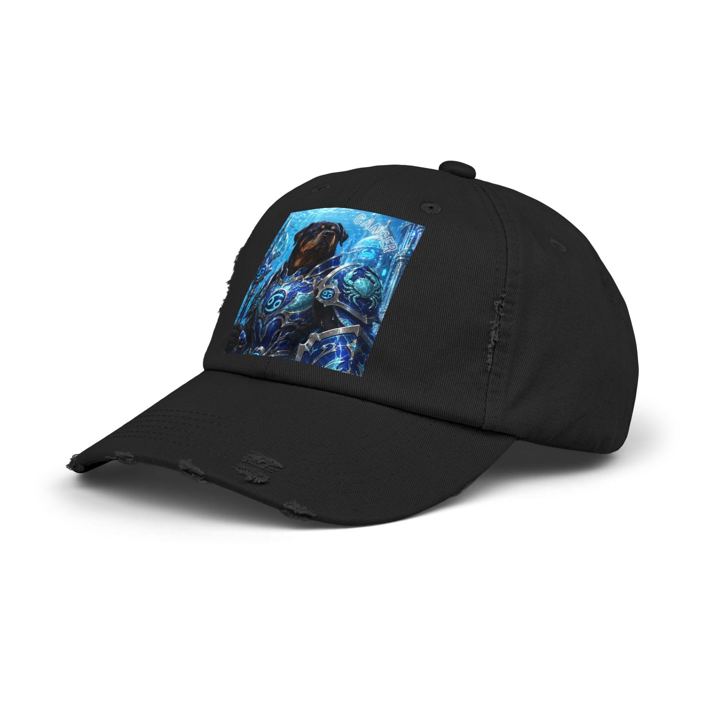 Cancer Zodiac Rottweiler Distressed Cap – Mythic Neptune Knight Abyssal Dog Art Baseball Hat