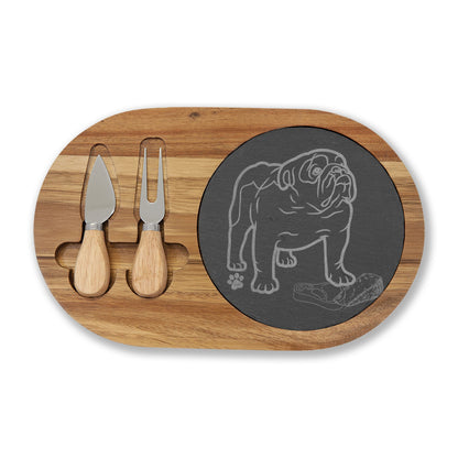 Bulldog Engraved Slate & Acacia Wood Charcuterie Board with Cheese Knives