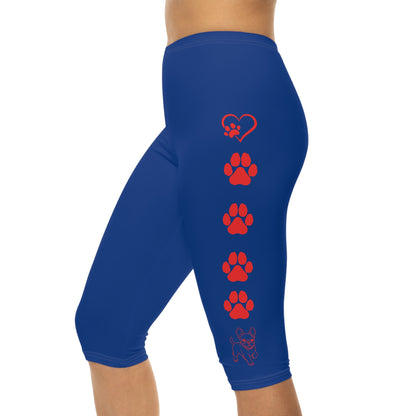 Paws and Hearts French Bulldog Capri Leggings Blue and Red