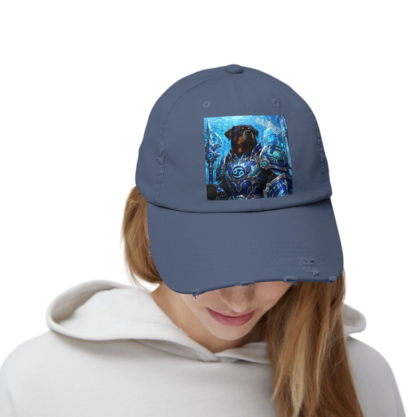 Cancer Zodiac Rottweiler Distressed Cap – Mythic Neptune Knight Abyssal Dog Art Baseball Hat