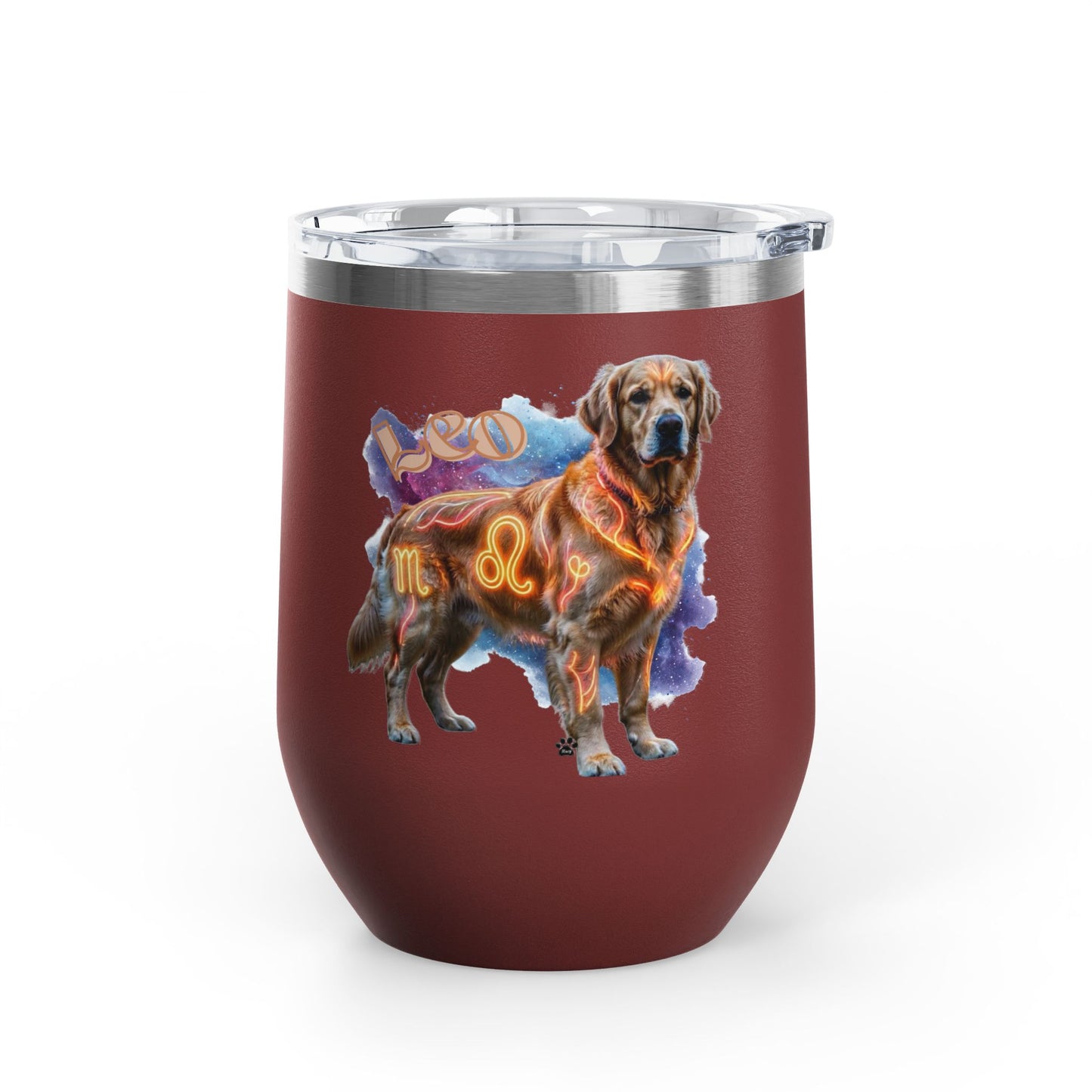 Leo Zodiac Golden Retriever Wine Tumbler – 12oz Insulated Stainless Steel Stemless Cup & Dog Lover Gift