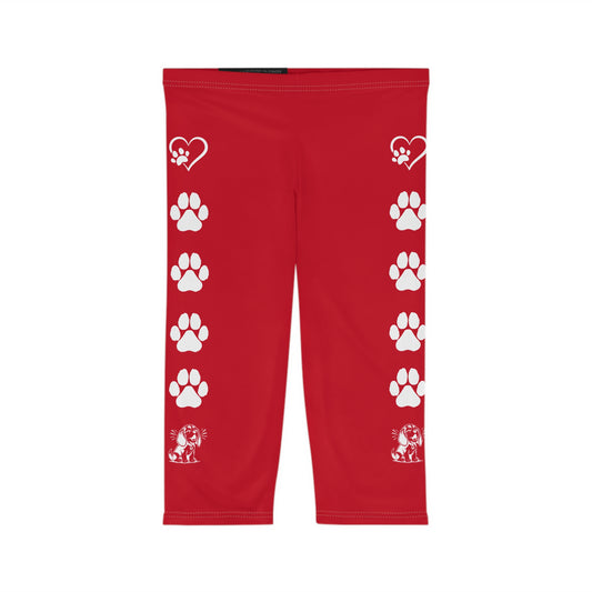 Beagle Paw Prints Capri Leggings in Red and White