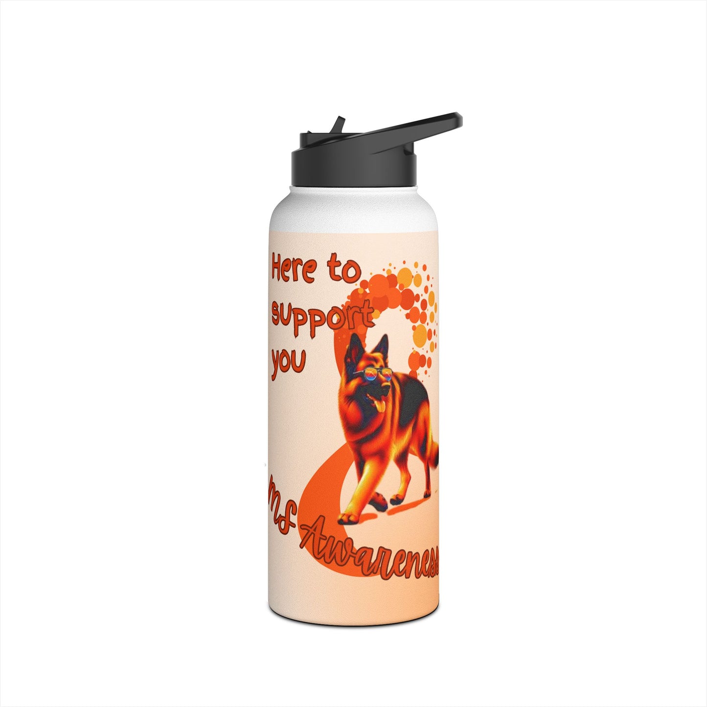 MS Awareness German Shepherd "Here to support you" Stainless Steel Water Bottle, Standard Lid