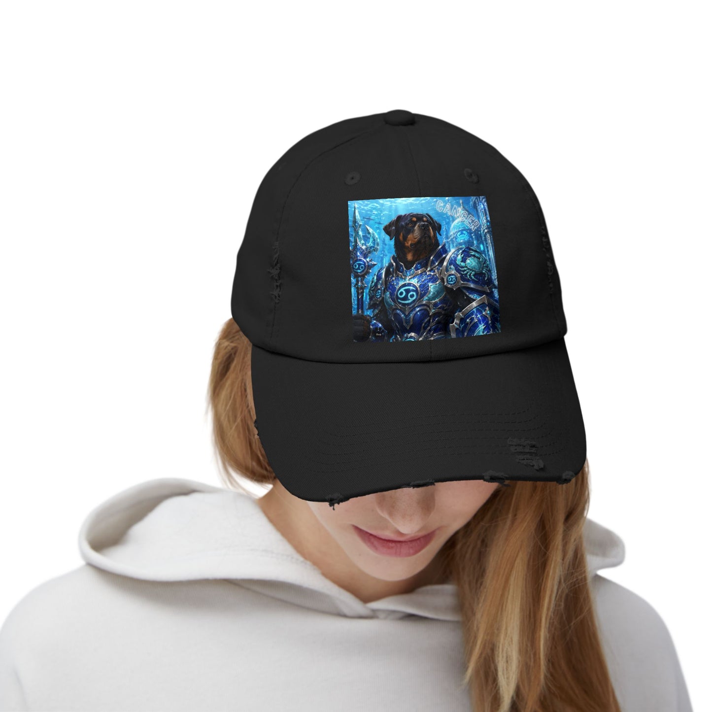 Cancer Zodiac Rottweiler Distressed Cap – Mythic Neptune Knight Abyssal Dog Art Baseball Hat