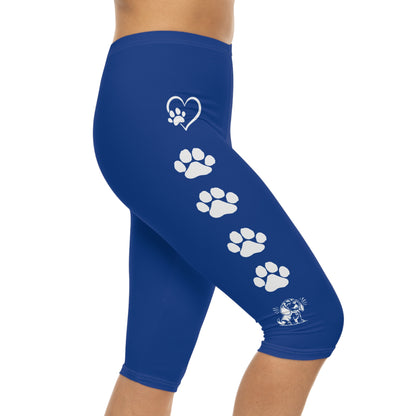 Beagle Hearts and Paw Prints Blue Capri Leggings (White Accent)