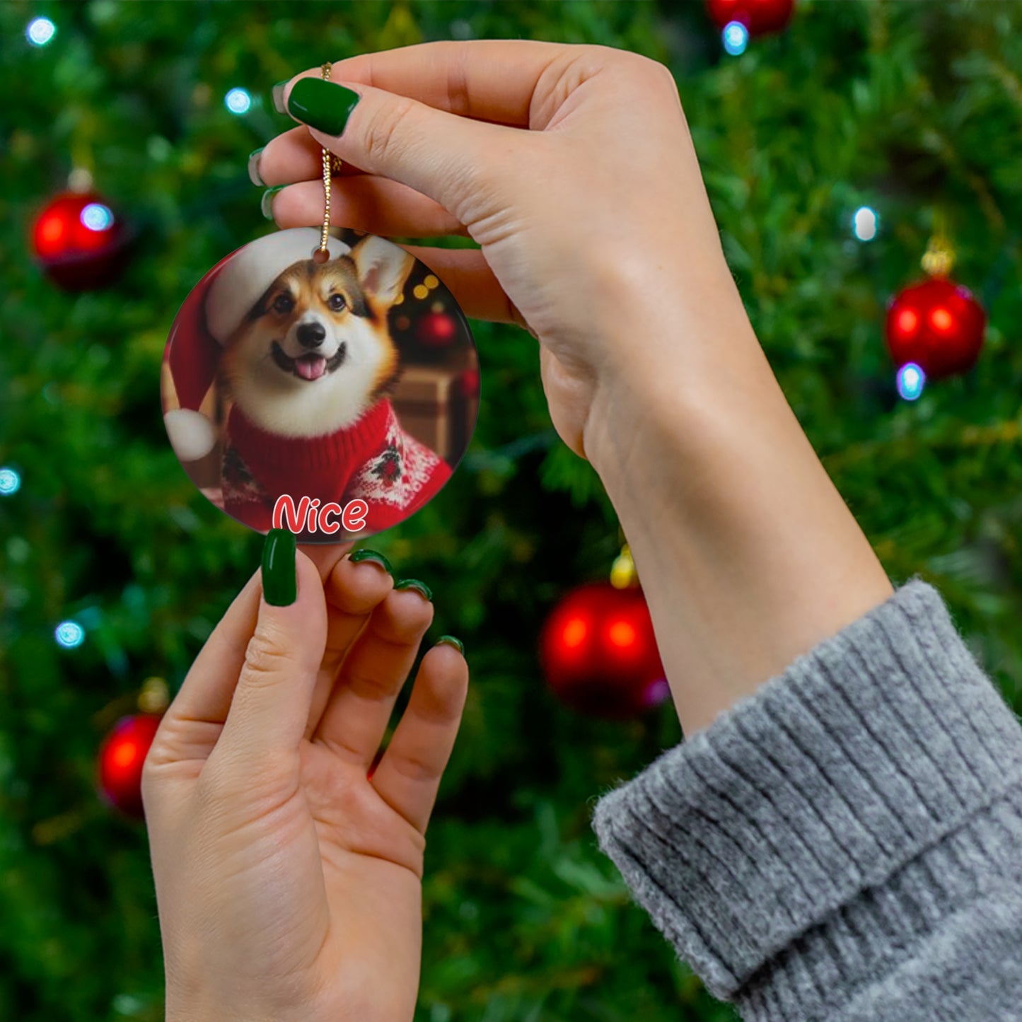 Corgi naughty or nice Christmas Ceramic Ornament, 1-Pack