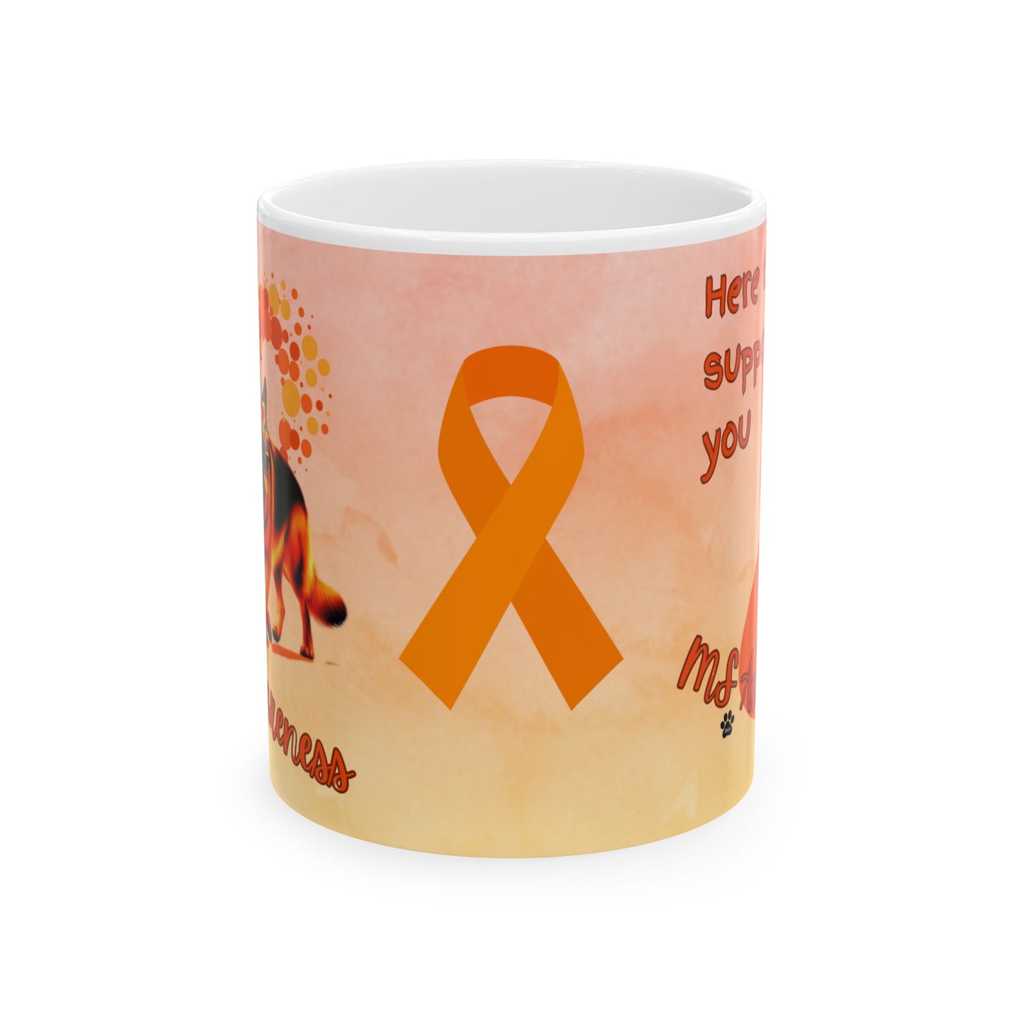 German Shepherd MS Awareness Ceramic Mug - "Here to Support You" Mobility Service Dog Coffee Cup