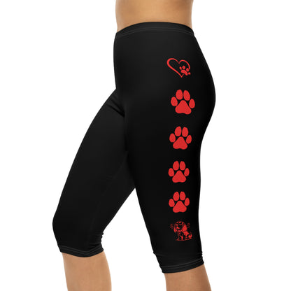 Paw Print and Beagle Capri Leggings Black and Red