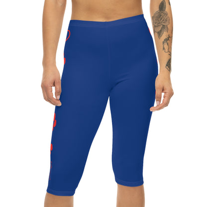 Paw Prints and Hearts Shiba Inu Capri Leggings Blue with Red