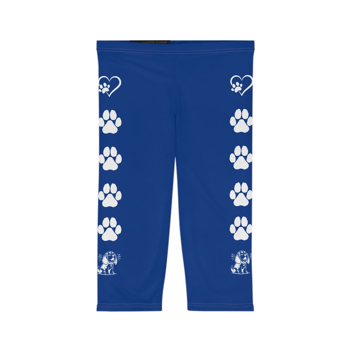 Beagle Hearts and Paw Prints Blue Capri Leggings (White Accent)