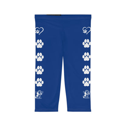 Beagle Hearts and Paw Prints Blue Capri Leggings (White Accent)