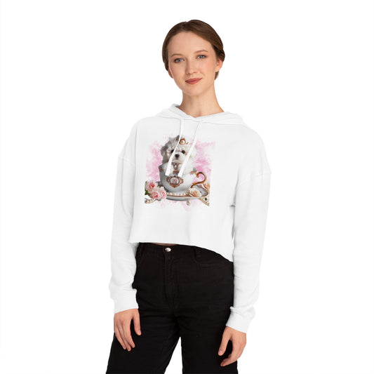 Too Cute Bichon Frise Teacup Puppy Women's Cropped Hooded Sweatshirt