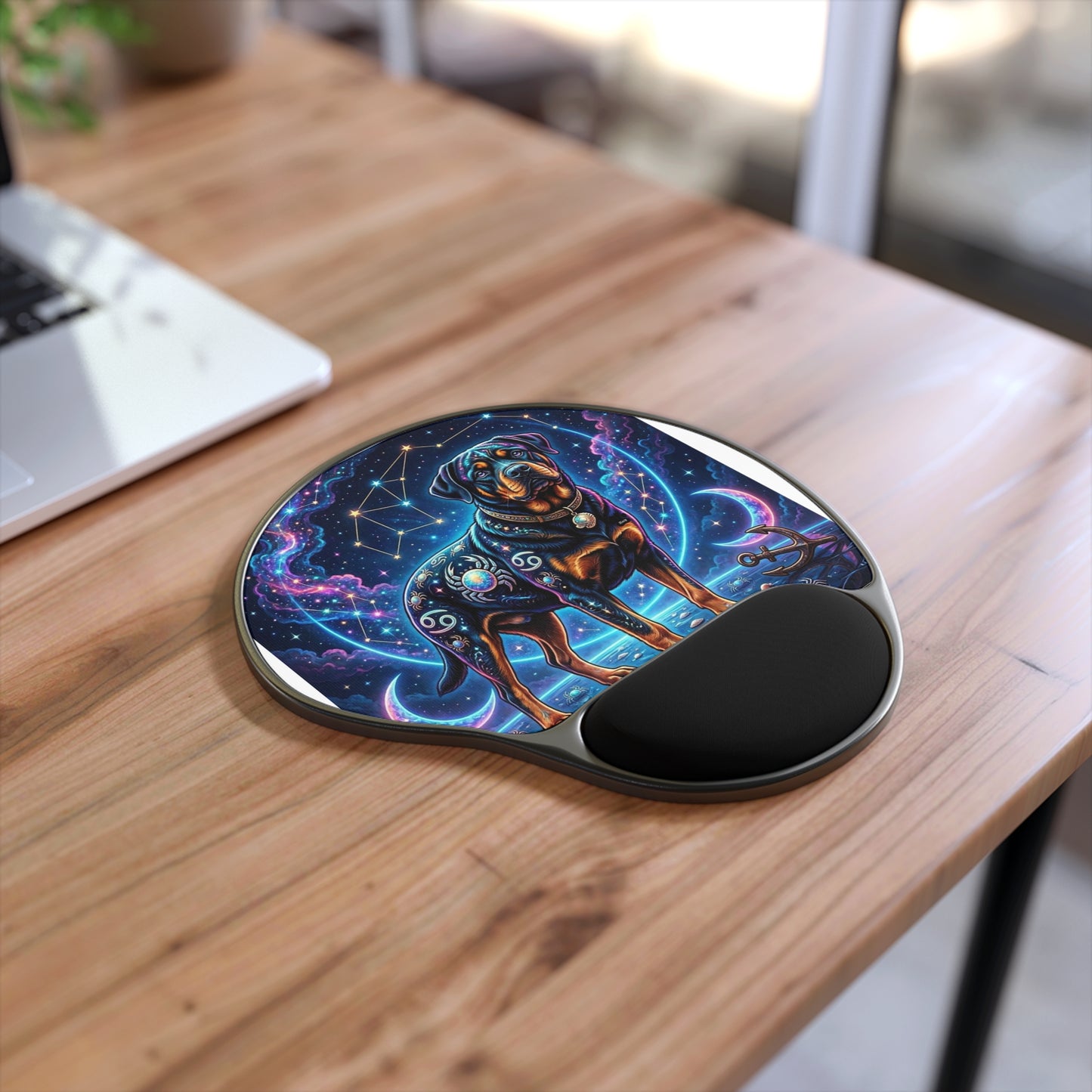 Celestial Cancer Zodiac Rottweiler Mouse Pad with Wrist Rest | Cosmic Dog Art Desk Mat
