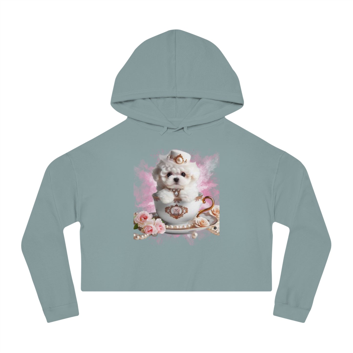 Too Cute Bichon Frise Teacup Puppy Women’s Cropped Hooded Sweatshirt