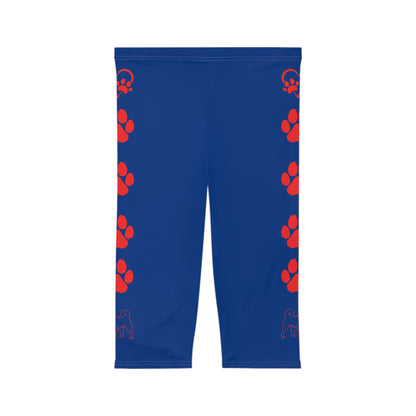 Paw Prints and Hearts Shiba Inu Capri Leggings Blue with Red