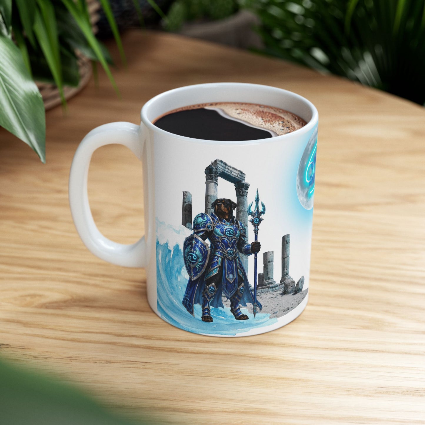 Cancer Zodiac Rottweiler Ceramic Mug – Mythic Neptune Knight Abyssal Dog Art Coffee Cup