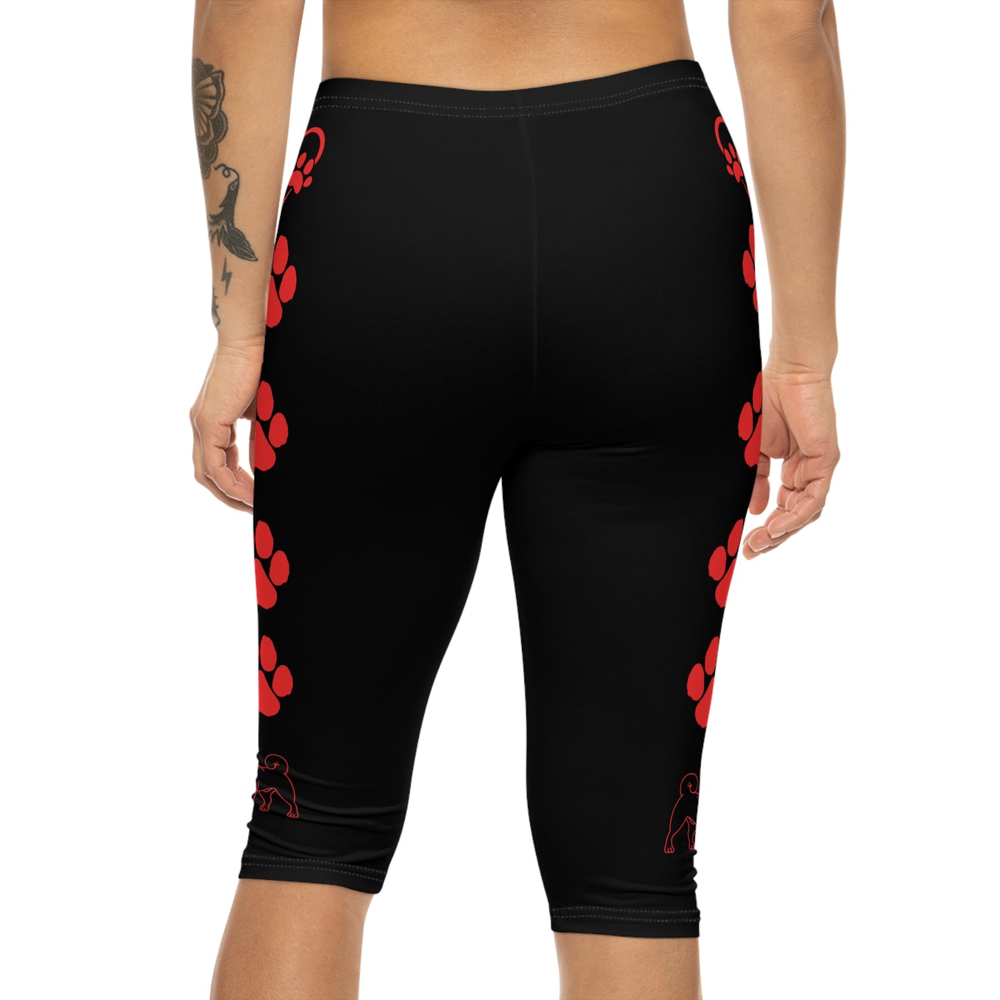 Paw Prints and Hearts Shiba Inu Capri Leggings Black with Red
