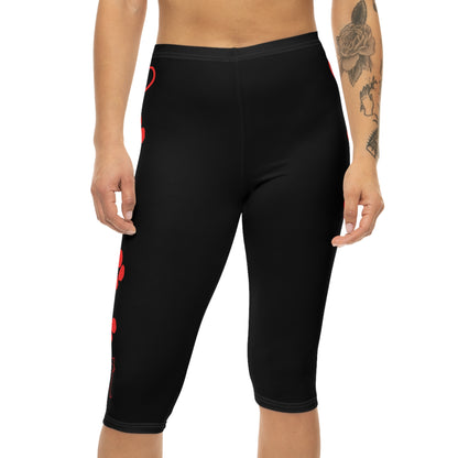 Paw Prints and Hearts Shiba Inu Capri Leggings Black with Red