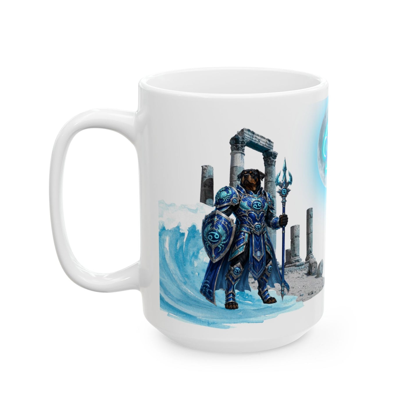 Cancer Zodiac Rottweiler Ceramic Mug – Mythic Neptune Knight Abyssal Dog Art Coffee Cup
