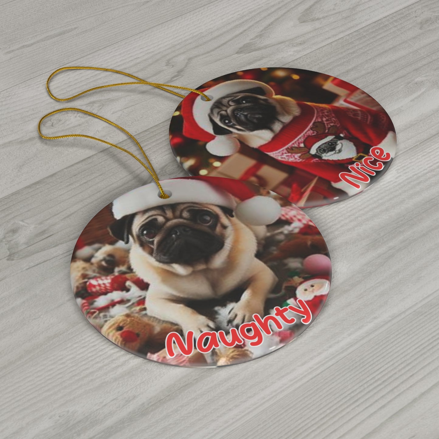 Pug Naughty or Nice Christmas Ceramic Ornament, 1-Pack
