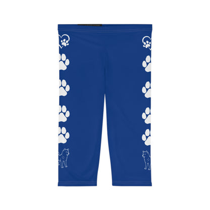 Paw Prints and Hearts Shiba Inu Capri Leggings Blue with White