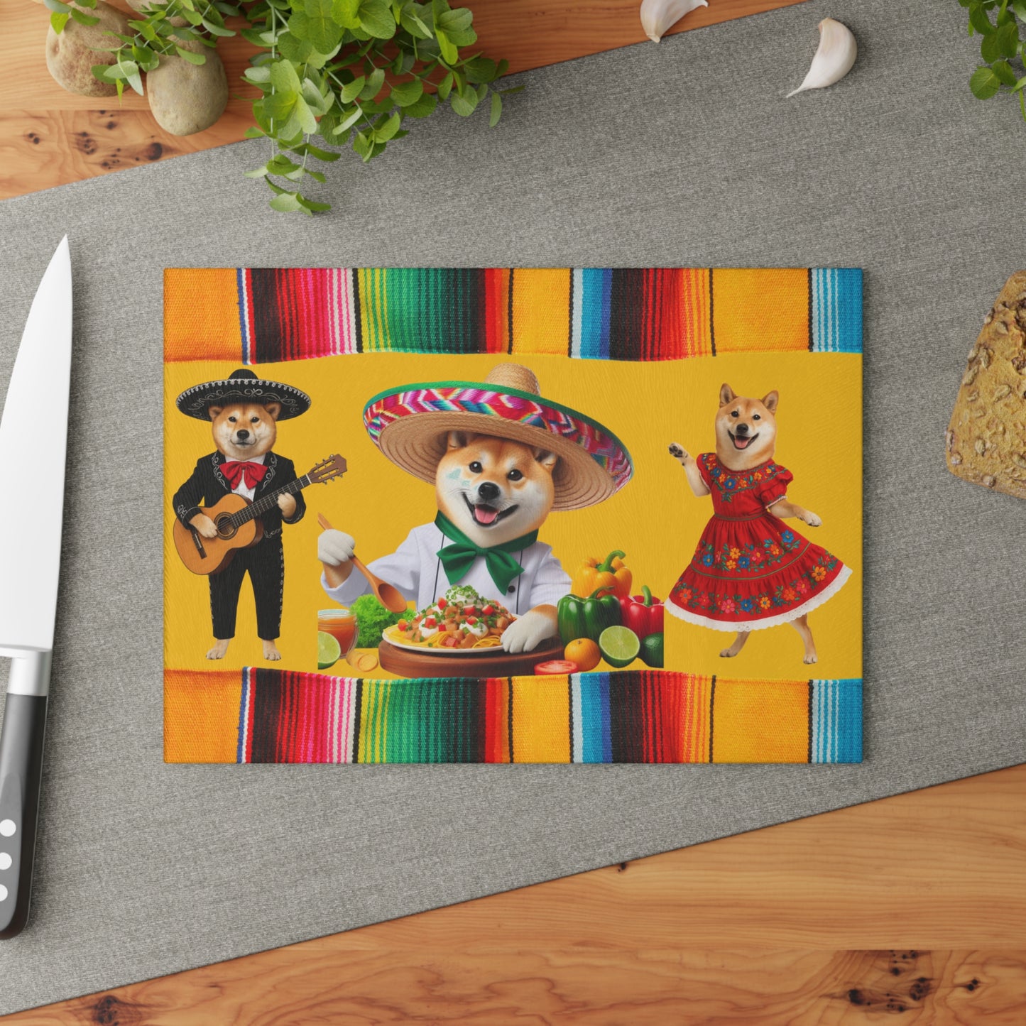 Shiba Inu Fiesta Chef Glass Cutting Board
