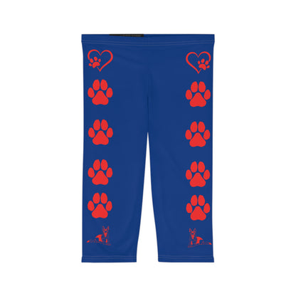 Paws and Hearts German Shepherd Women’s Capri Leggings. Blue and Red