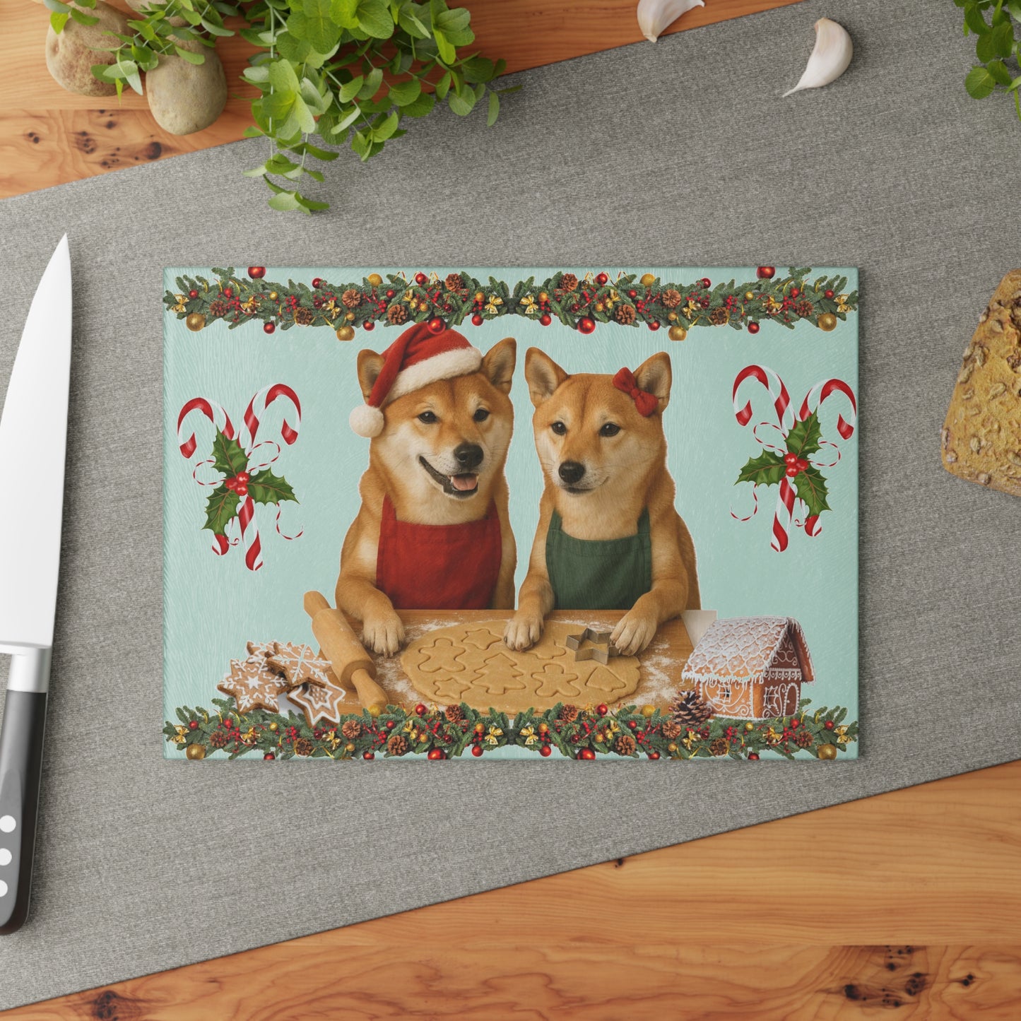 Shiba Inu Christmas Cookie Bakers Glass Cutting Board