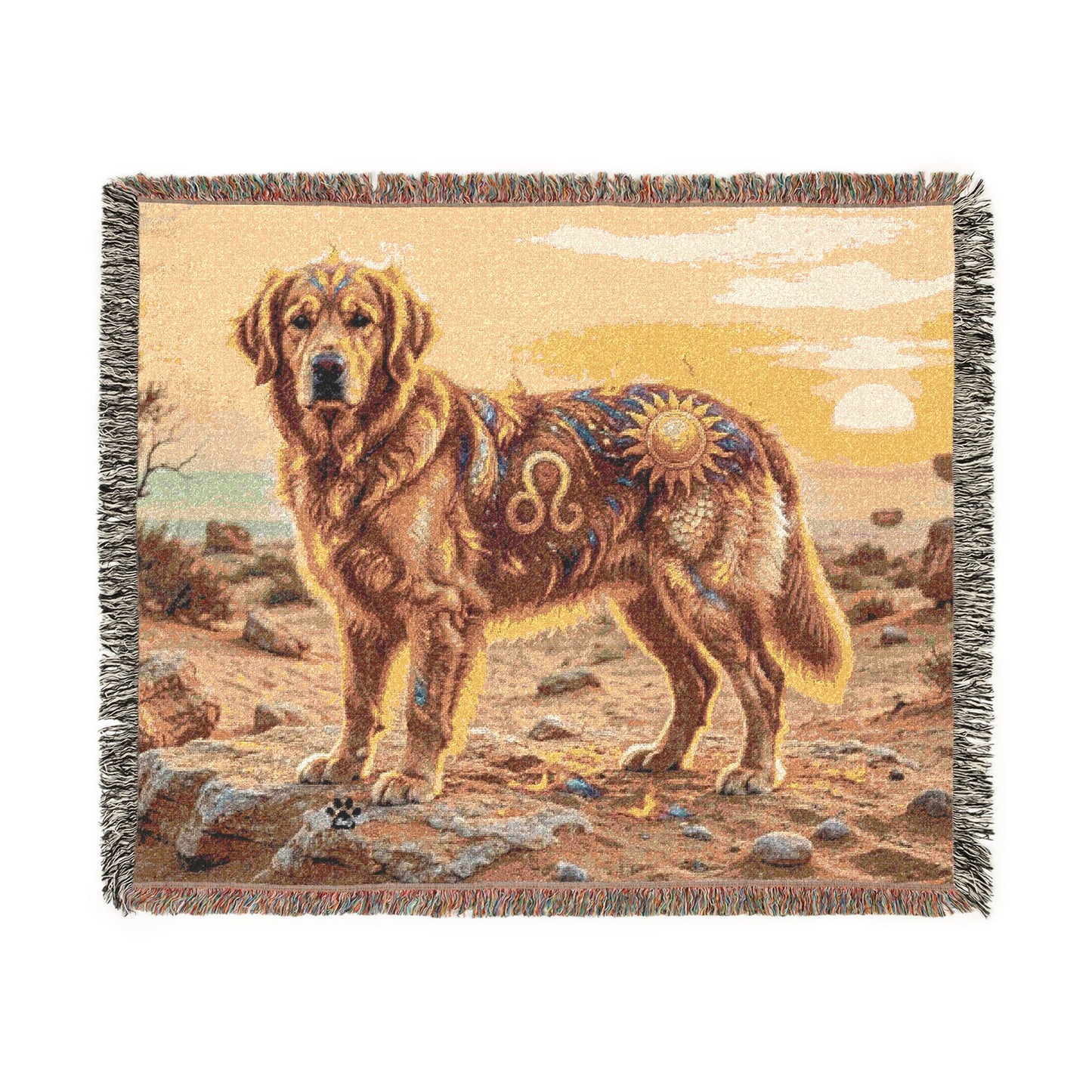 Leo Zodiac Golden Retriever Woven Blanket | Fire Sign Tapestry Throw with Fringe | Boho Astrological Dog Lover Gift | Couch & Wall Decor