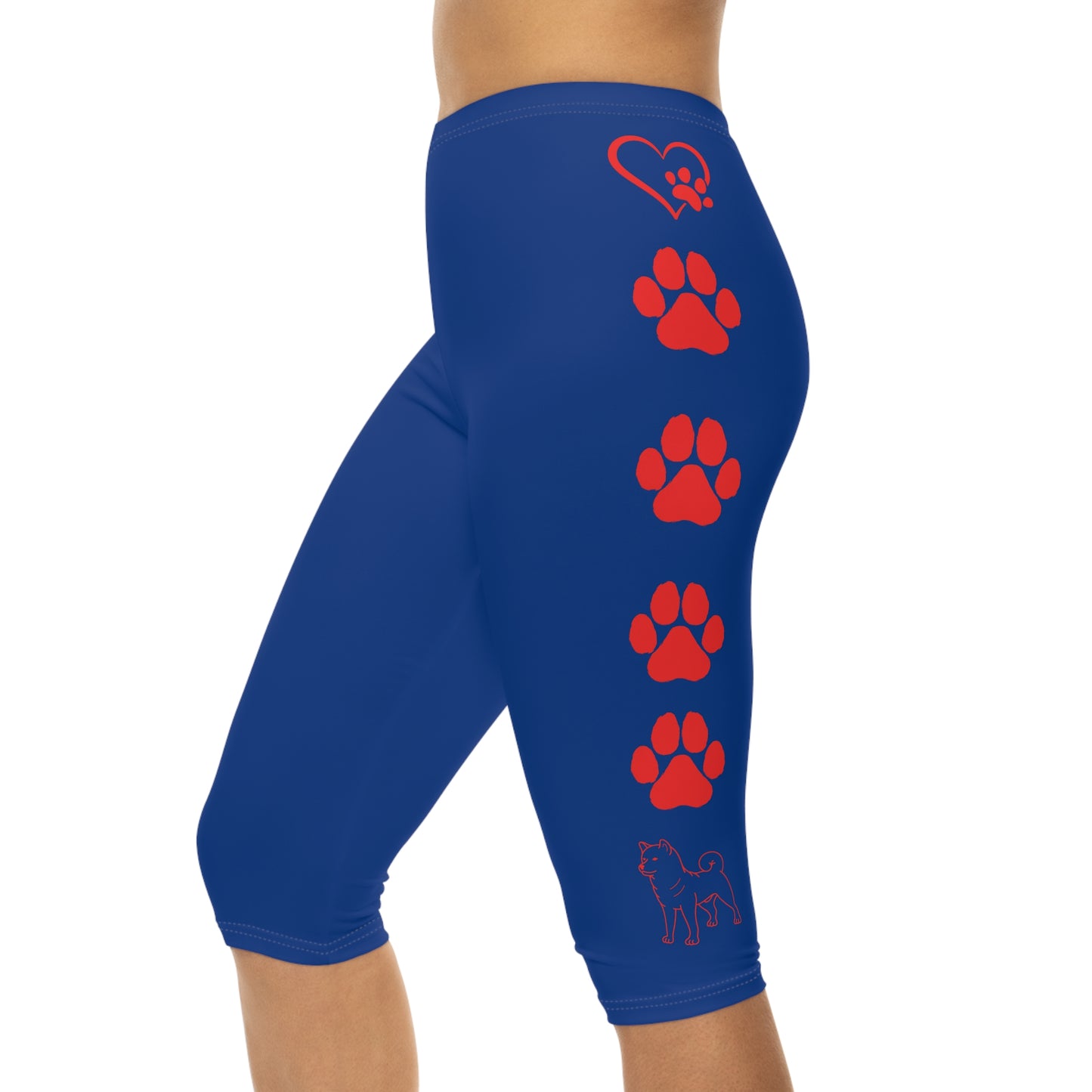 Paw Prints and Hearts Shiba Inu Capri Leggings Blue with Red