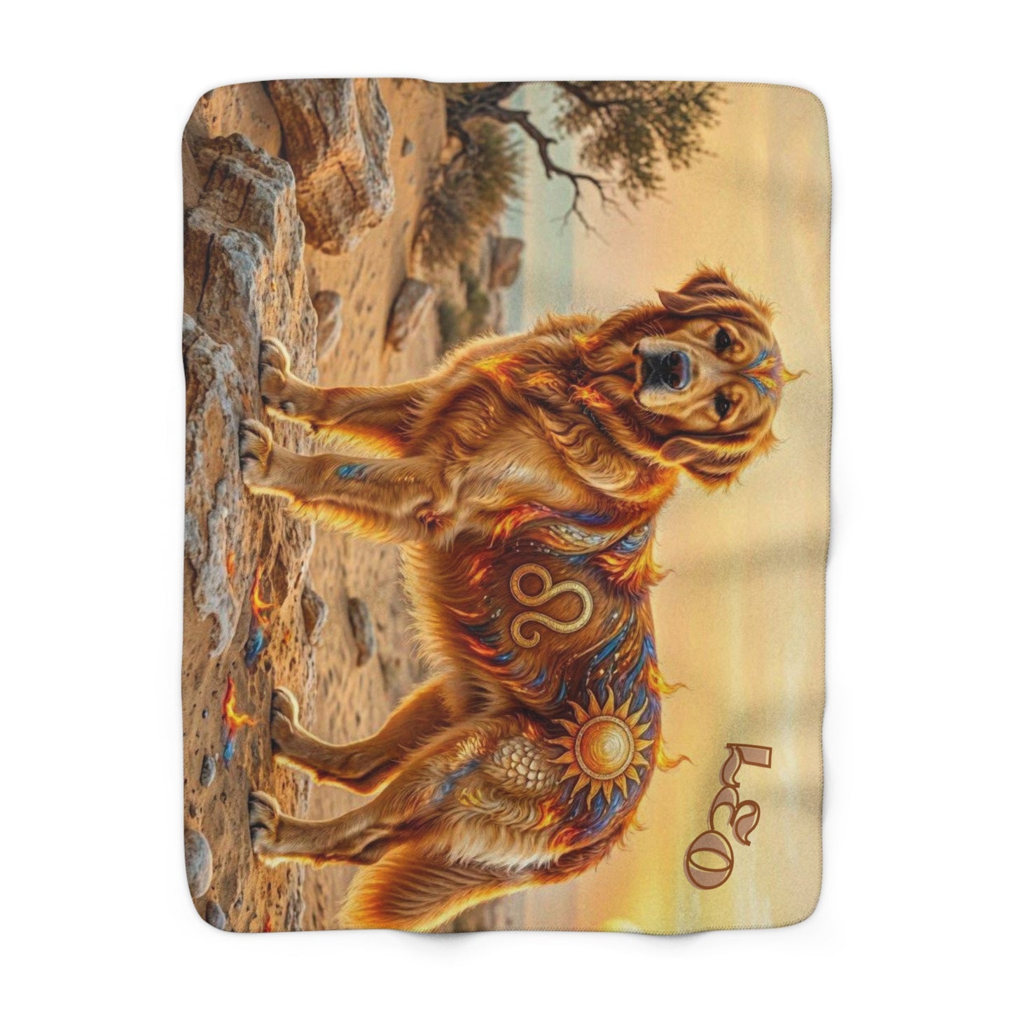 Leo Elemental Golden Retriever Sherpa Blanket | Fire Zodiac Dog Fleece Throw | Warm Cozy Dog Lover Gift | Astrology Bed & Couch Throw