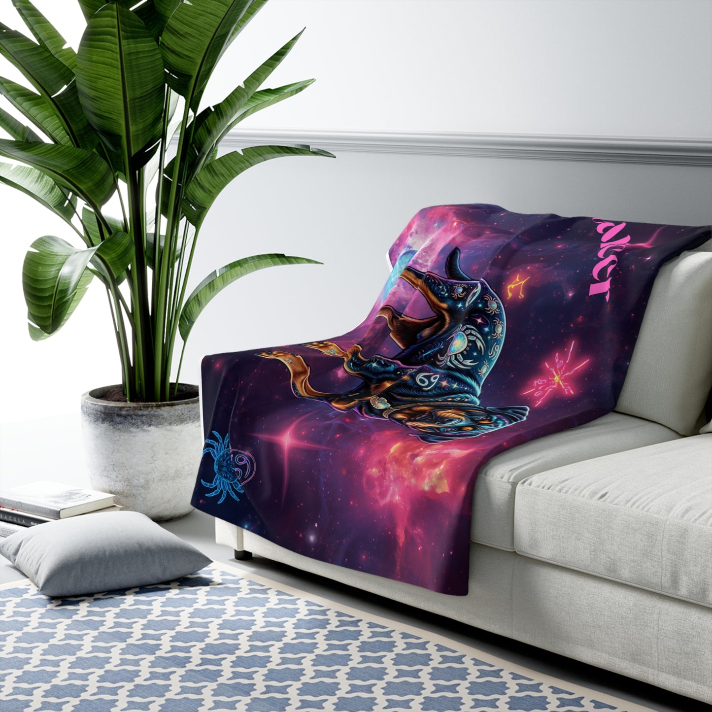 Celestial Cancer Zodiac Rottweiler Sherpa Fleece Blanket | Cosmic Dog Throw
