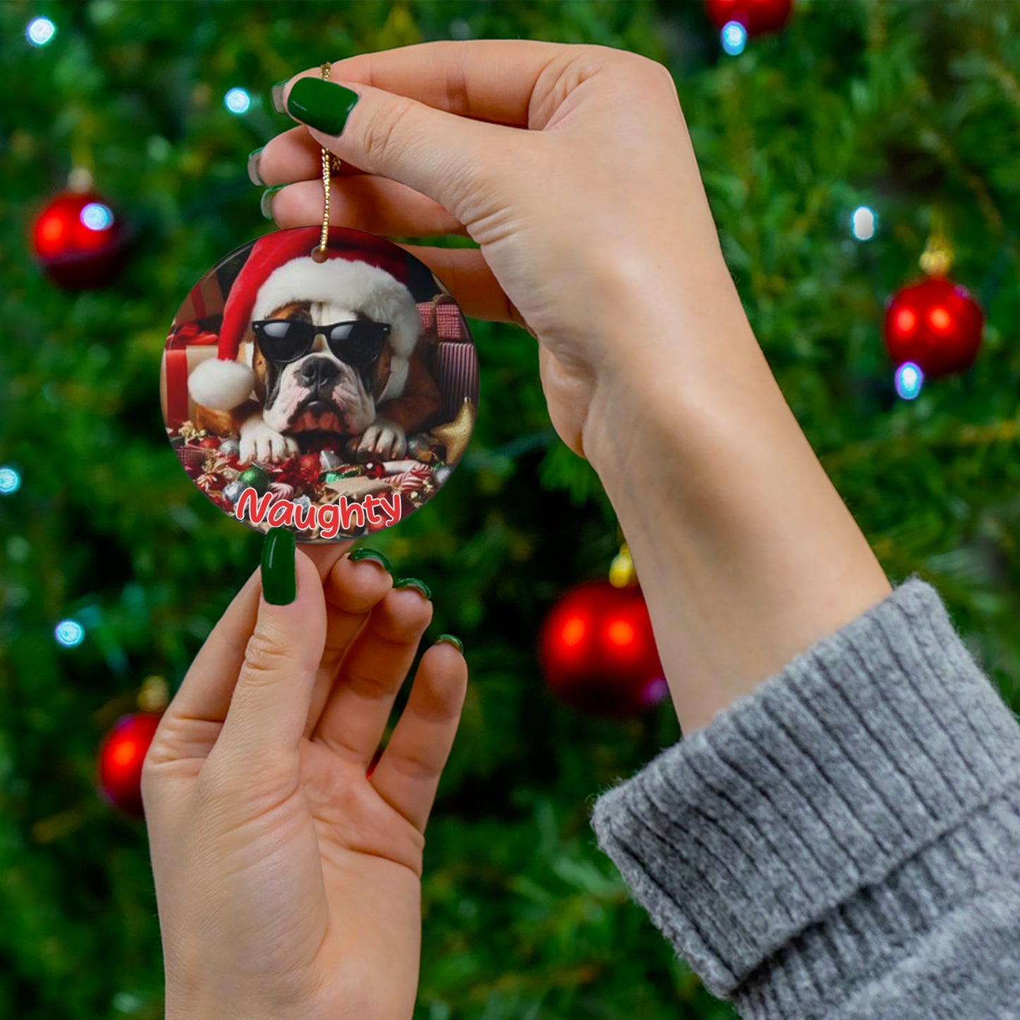 American Bulldog Naughty or Nice Christmas Ornament
