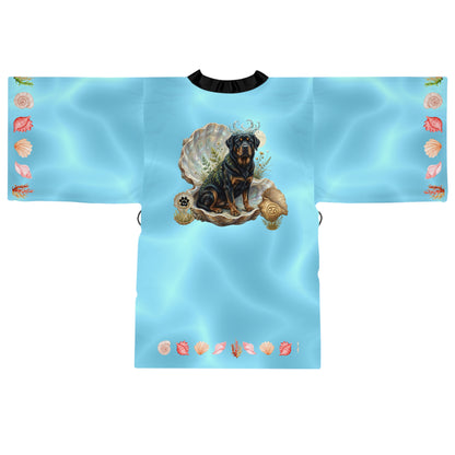 Luxury Cancer Zodiac Rottweiler Kimono Robe - All Over Print Fluid Aqua Water Elements Spa Loungewear