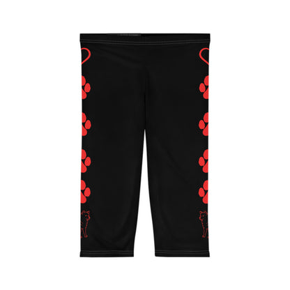 Paw Prints and Hearts Shiba Inu Capri Leggings Black with Red