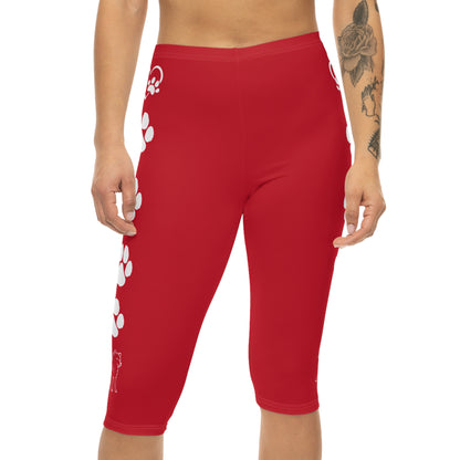 Paw Prints and Hearts Shiba Inu Capri Leggings Red with White