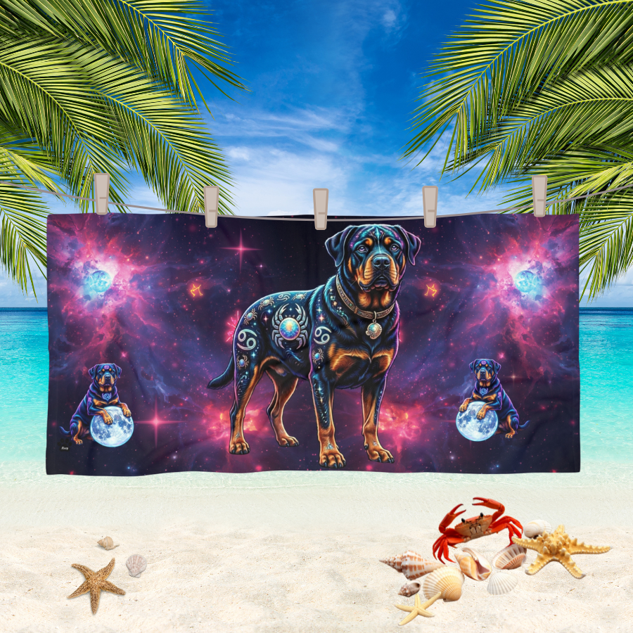 Celestial Cancer Zodiac Rottweiler Beach Towel | Cosmic Dog Art Summer Decor