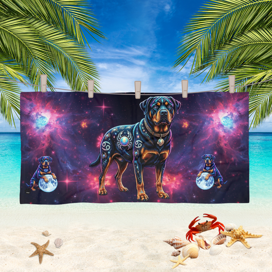 Celestial Cancer Zodiac Rottweiler Beach Towel | Cosmic Dog Art Summer Decor