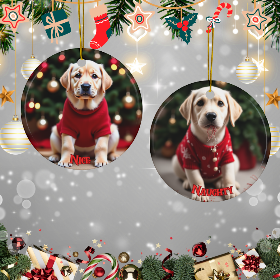 Golden Labrador Retriever Naughty or Nice Dual Sided Christmas Ornament