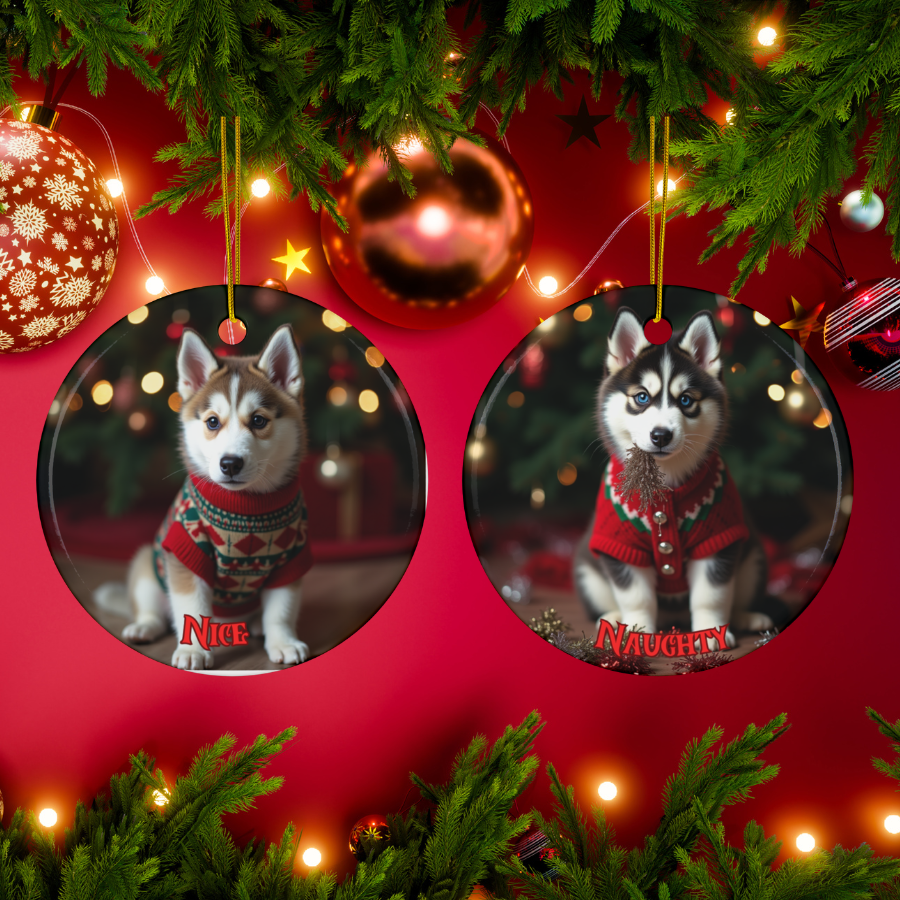 Siberian Husky Dual-Sided Ceramic Ornament: Nice vs. Naughty!