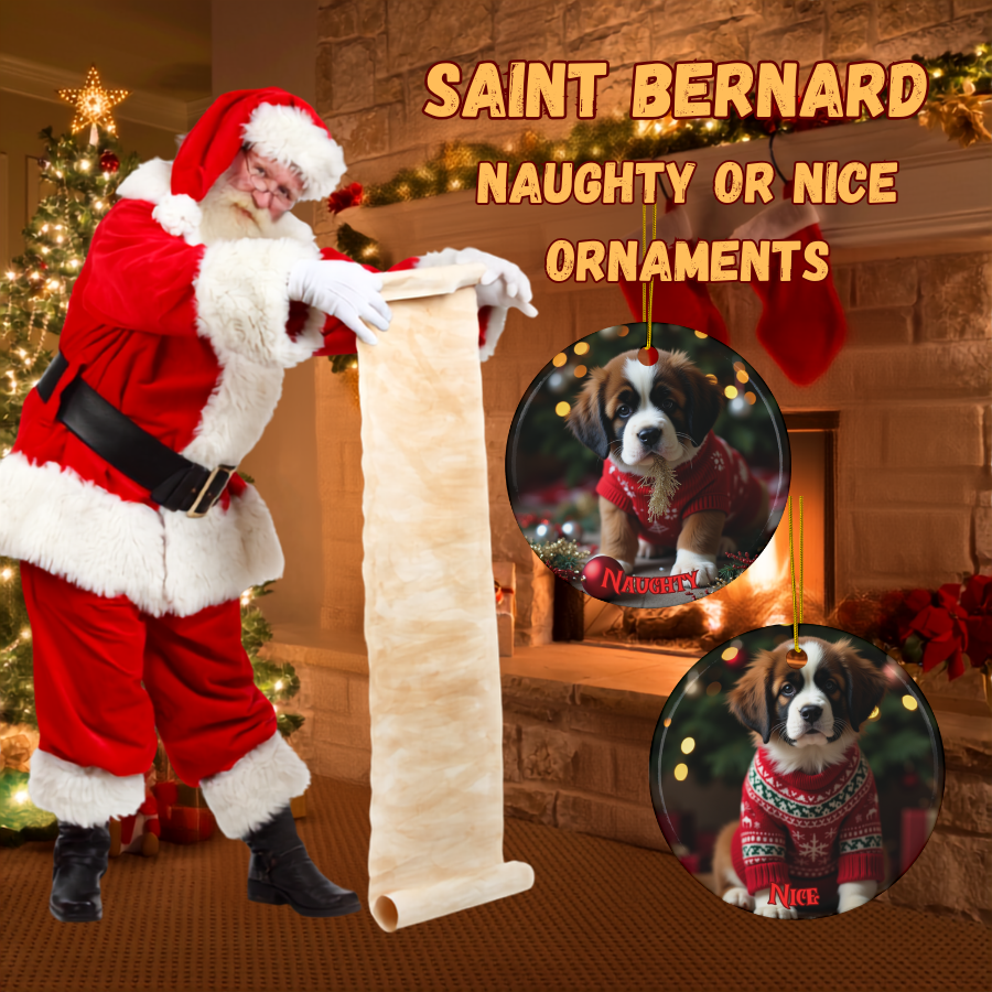 Saint Bernard Dual-Sided Ceramic Ornament: Nice vs. Naughty!