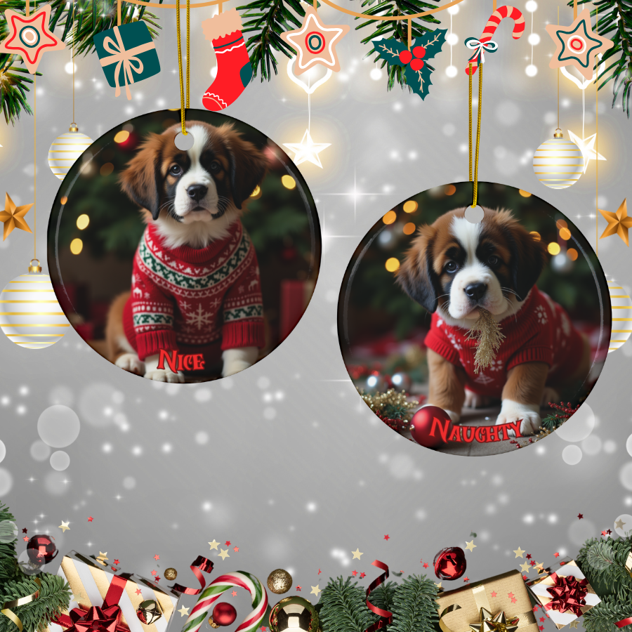 Saint Bernard Dual-Sided Ceramic Ornament: Nice vs. Naughty!