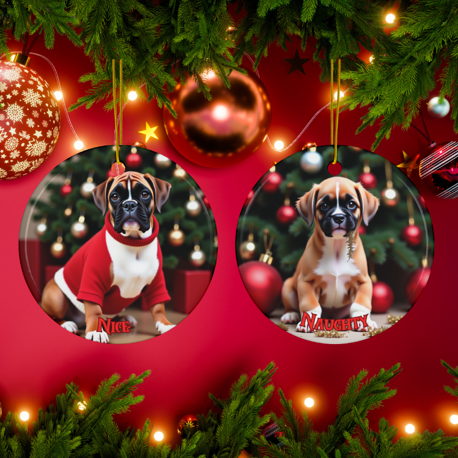 Boxer Naughty or Nice Dual Sided Christmas Ornament
