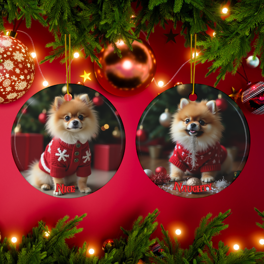 Pomeranian Naughty or Nice Dual Sided Christmas Ornament