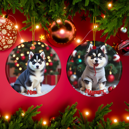 Pomsky Naughty or Nice Dual Sided Christmas Ornament